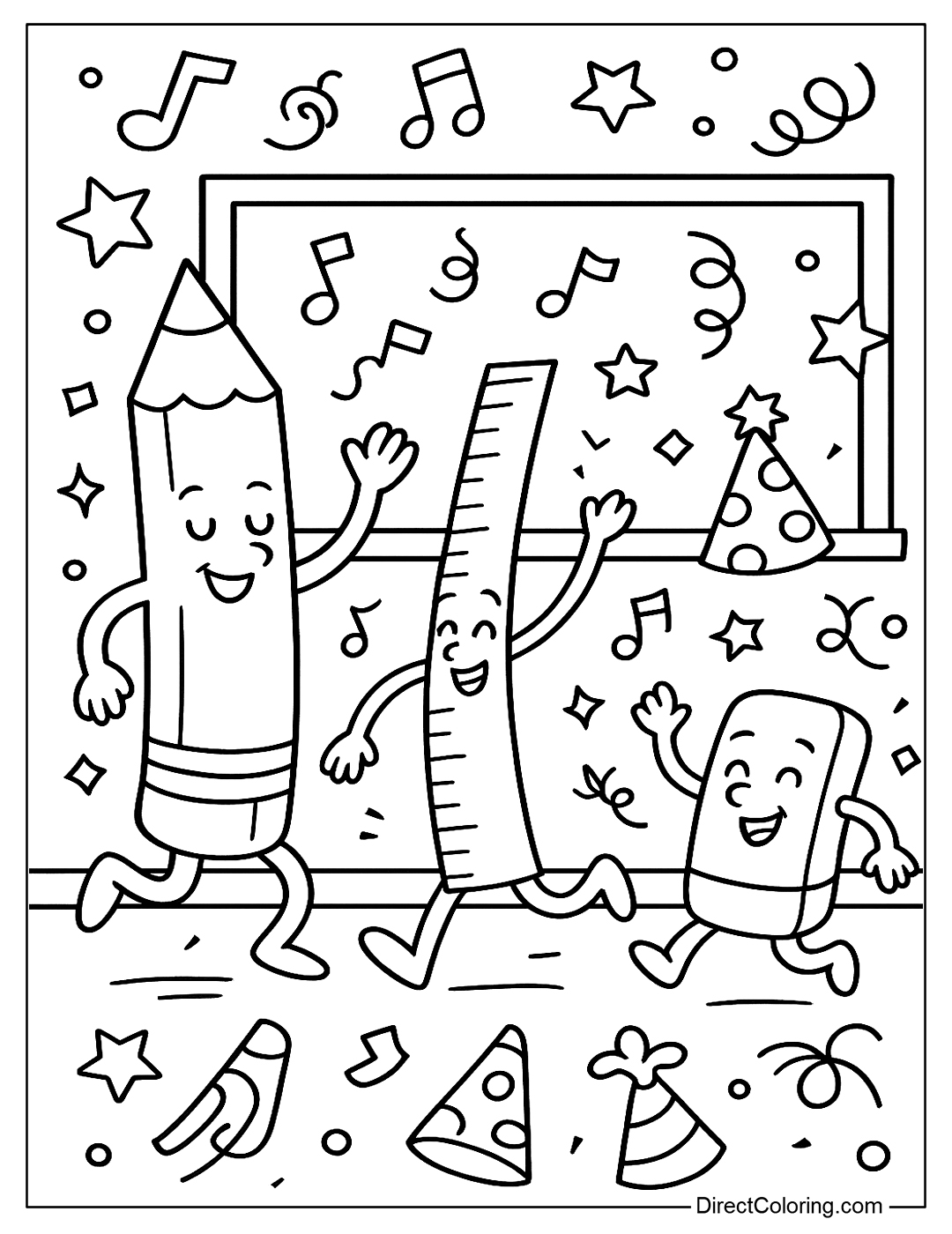 coloring page of dancing school supplies in class – pens, rulers, erasers are partying.